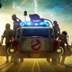A crop of a poster for Ghostbusters Afterlife featuring the back of Ecto 1 with the new ghost hunting kids stepping out of it.